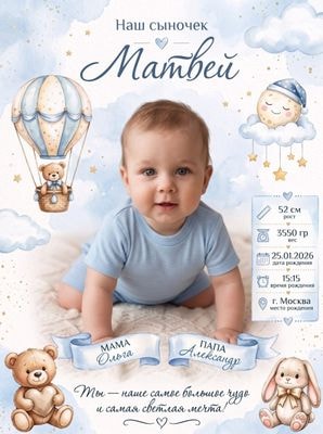 Метрика для мальчика с акварельным фоном и данными