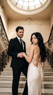 Романтическая фотосессия пары на мраморной лестнице