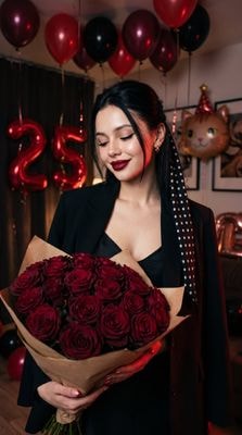 Домашняя праздничная фотография девушки с букетом