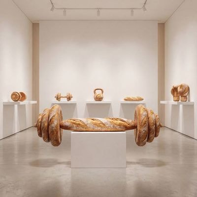 A surreal luxury art installation where oversized sports equipment is sculpted e