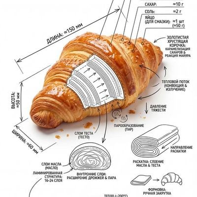 Create a high-quality infographic image of  Круассан combining a realistic photo