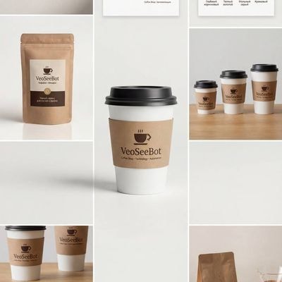 Create a premium brand identity for a modern coffee shop in a 3×3 square grid fo