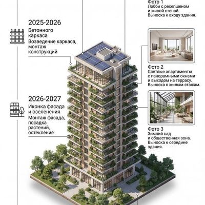 In the centre of the composition is a detailed 3D model of the building [ Ваш об