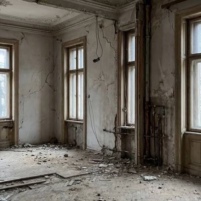 High ceilings, shabby walls with cracks and remnants of stucco. Worn parquet, mi