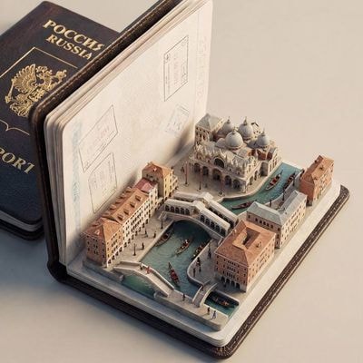 Hyperrealistic open foreign passport, placed on a clean studio surface, with gol