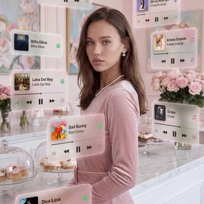 Cinematic AR-composition with a dream effect: Spotify player cards with tracks o