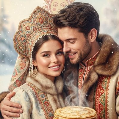 Create a vintage Shrovetide card from the uploaded photo. Completely preserve th