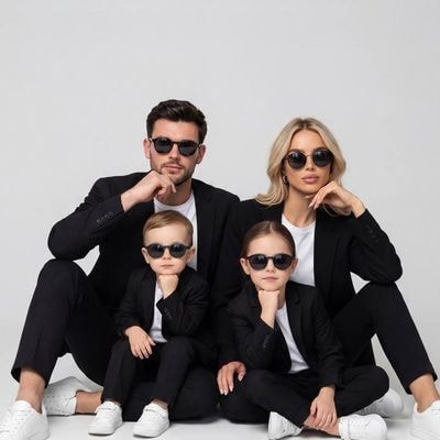 Models must exactly match the photo reference. Family portrait of four people on