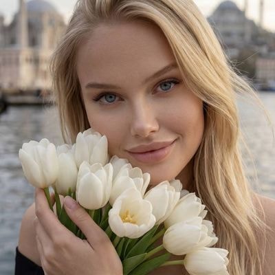 Портрет девушки в кафе на набережной Стамбула с белыми тюльпанами