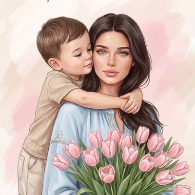 Акварельный портрет мамы и дочери с тюльпанами