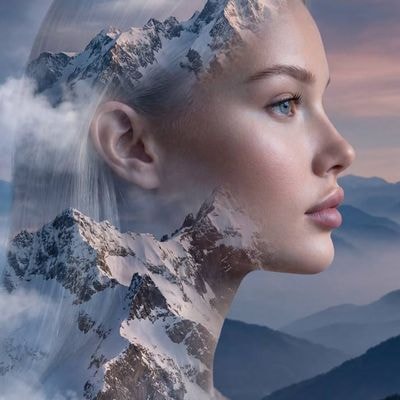 Портрет женщины с горами и облаками внутри профиля