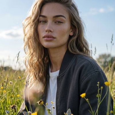 Портрет модели в траве и цветах с фото, вид снизу, естественный свет