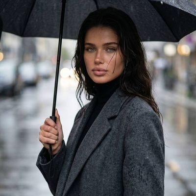 Кинематографический портрет под зонтом на дождливой улице