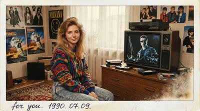 Полароид 1990-х с девушкой и VHS в комнате подростка
