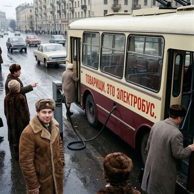 Советский электробус на городской улице 1970-х