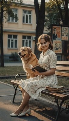 Девушка с книгой и собакой в советском дворе