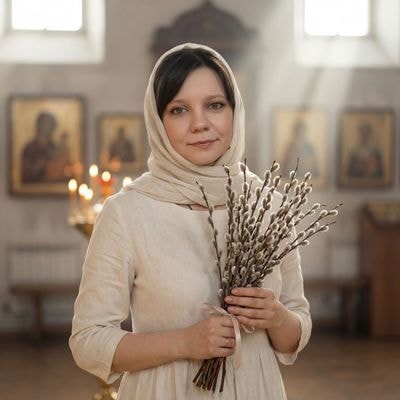 Девушка в церкви на Вербное воскресенье