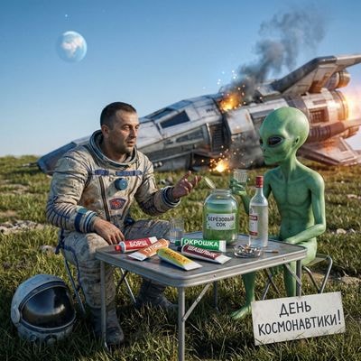 Космонавт на другой планете с пришельцем и советской едой