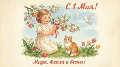 Девочка в яблоневом саду на советской открытке к 1 мая