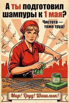Агитационный плакат с девушкой и шампурами к 1 мая