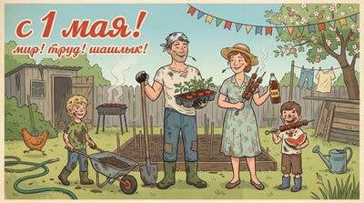 Семейная открытка на 1 мая с дачным сюжетом