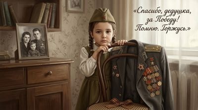 Реалистичная цифровая живопись девочки с пиджаком дедушки на 9 мая