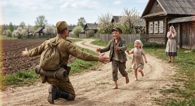 Встреча советского бойца с фронта весной 1945 года