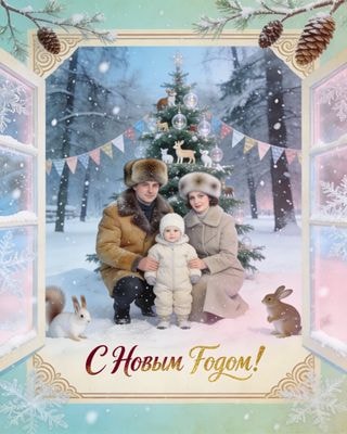 Советская новогодняя винтажная открытка с семьёй