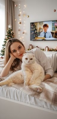 Предновогодняя фотосессия с питомцем в минималистичной спальне
