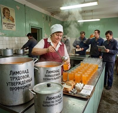 Позднесоветская столовая с лимонадом и буфетчицей