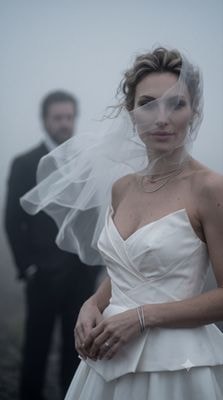 Невеста с фатой и жених на заднем плане в стиле Sarah Moon