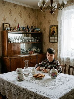 Уютная советская кухня с мальчиком за столом