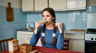 Девушка пьёт чай на советской кухне