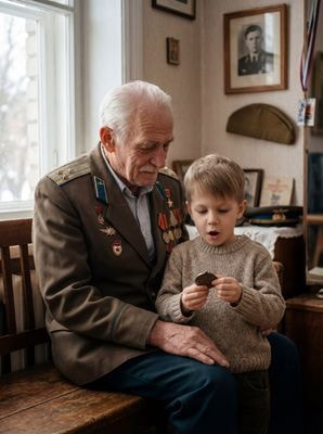 Дедушка показывает медаль внуку к 23 февраля