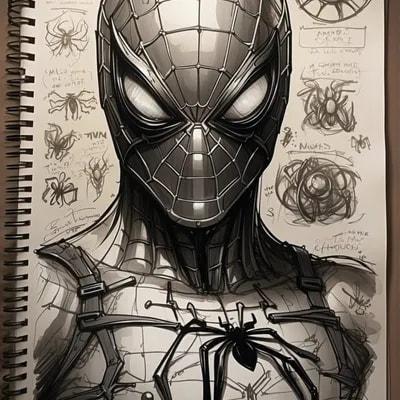 Промпт человека пaука в чб, ручной рисунок в тетради