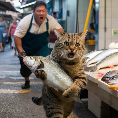 Промпт кот украл рыбу и убегает с ней
