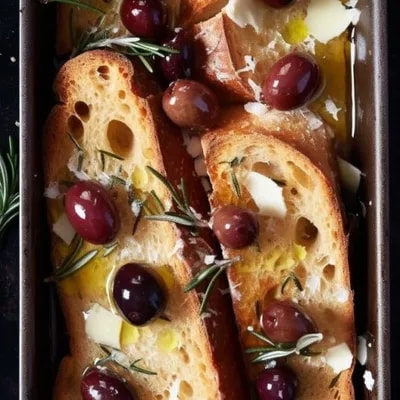 Промпт сковорода с ломтиками хлеба с оливками