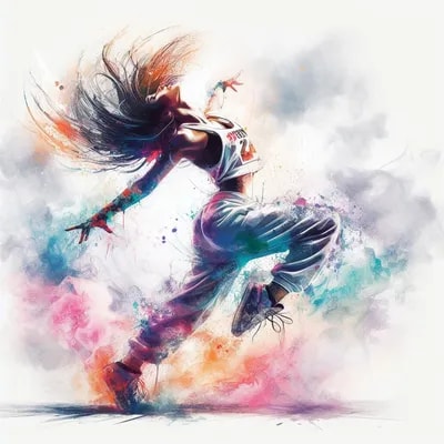 Промпт танцующая девушка, белый акварельный дымный фон с красками