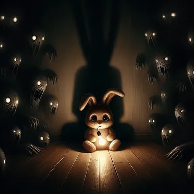 Промпт зайчика и лампочка в стиле хоррор с черными тенями