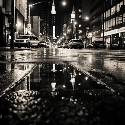 Промт чб фото дождливой ночи в Нью-Йорке