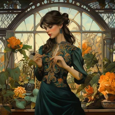 Промт в стиле модерн с изображением девушки и растений