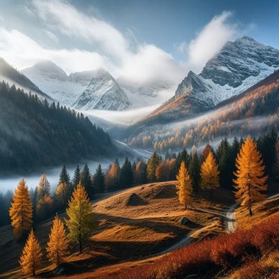 Лиственницы под первым снегом в горах