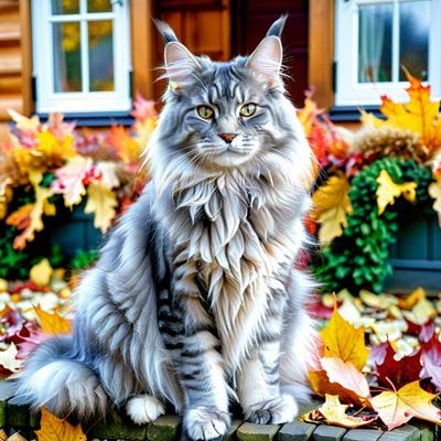 Серебристый мейн-кун в осеннем саду