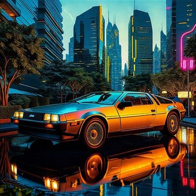 Золотой DeLorean в неоновом городе