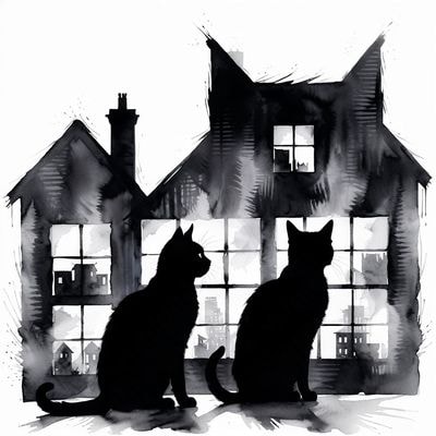 Силуэт кота с ночным домом внутри