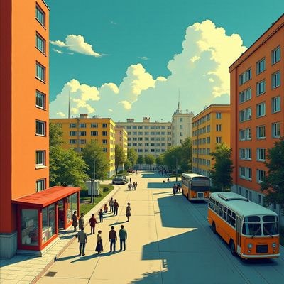 Советский город 1970-х с хрущёвками и очередью