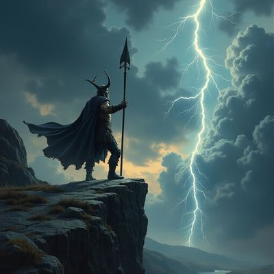 Один с копьём Гунгнир на горной скале