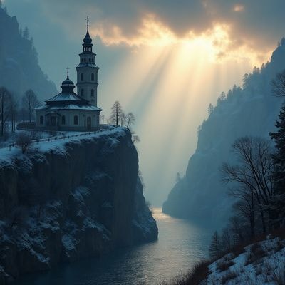Монастырь на крутом зимнем берегу