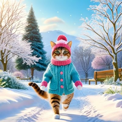 Кот в вязаной одежде в зимнем парке