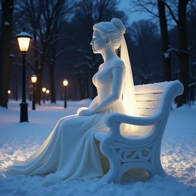 Скульптура невесты из снега в парке